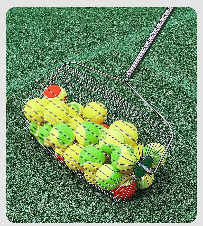 Stainless steel tennis ball picker with large adjustable roller, shown in classic and extra large capacity styles.