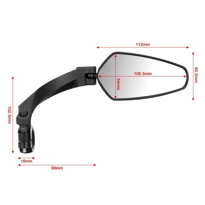 Black mountain bike rearview mirror with rotatable head mounted on bicycle handlebars showing 210mm acrylic surface