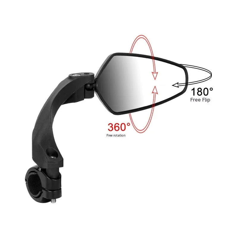 Black mountain bike rearview mirror with rotatable head mounted on bicycle handlebars showing 210mm acrylic surface