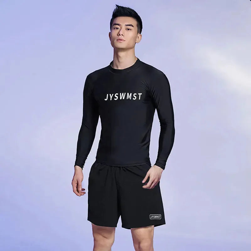 Men's plus size polyester swimsuit set with top and swimming trunks