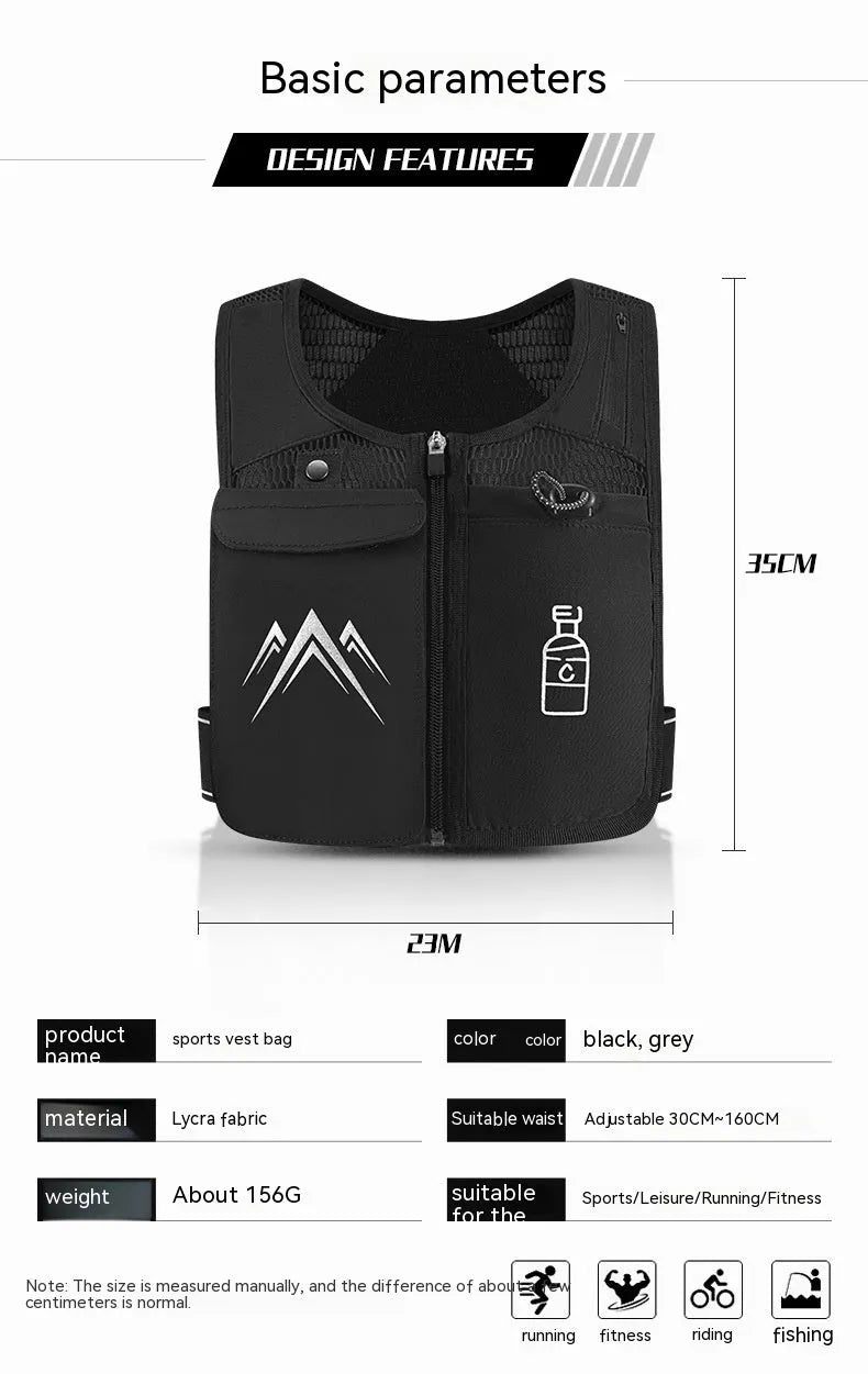 A classic black breathable mesh running vest with a front pocket designed to hold a mobile phone up to 7.5 inches.