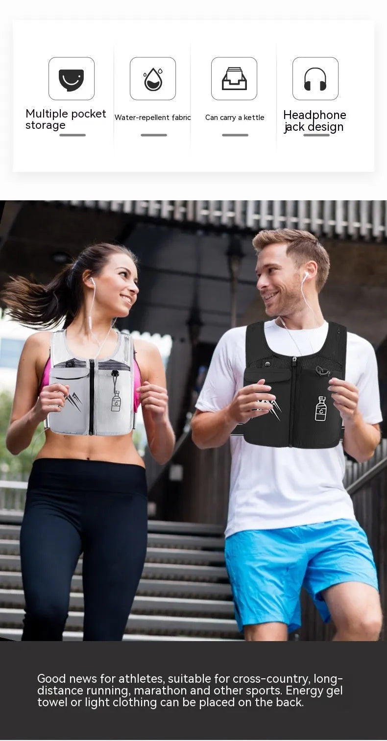 A classic black breathable mesh running vest with a front pocket designed to hold a mobile phone up to 7.5 inches.