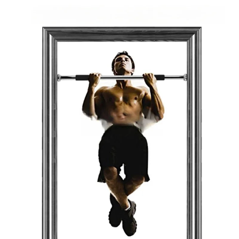 Adjustable steel pull-up bar mounted in doorway showing 62-100cm width range