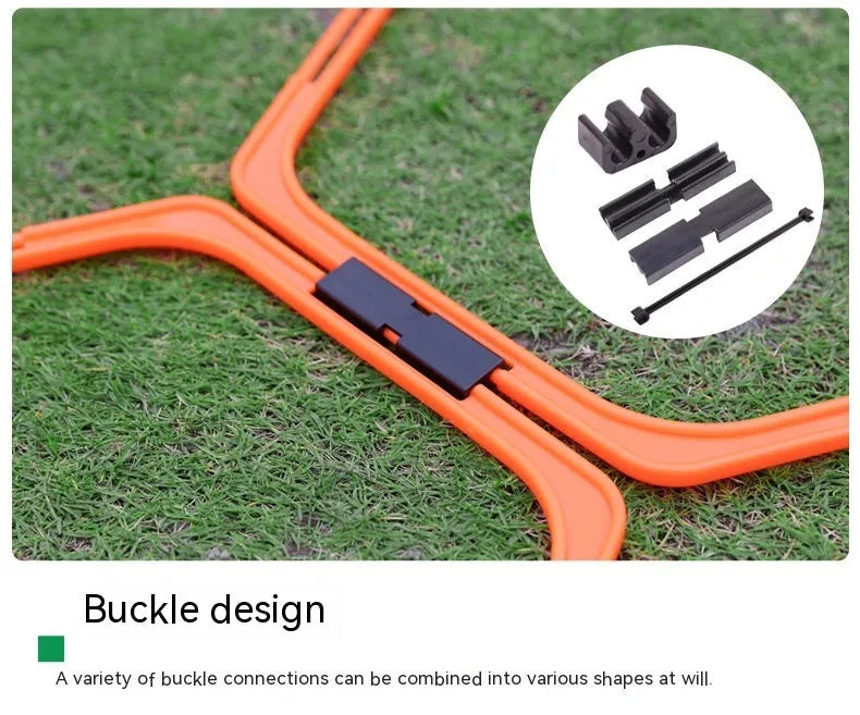 Set of six brightly coloured foldable hexagon football agility training rings on grass