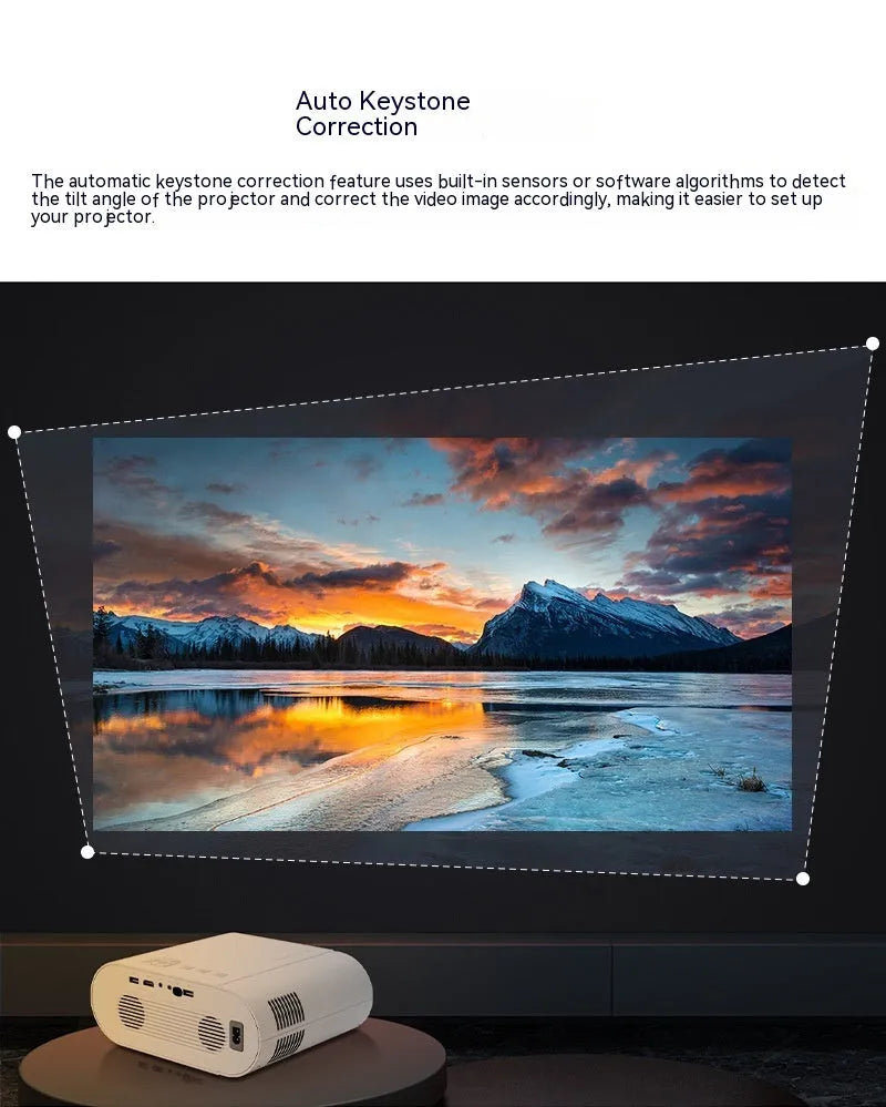 White Full HD smart projector with remote control showing 1080p resolution and 320 ANSI lumens brightness