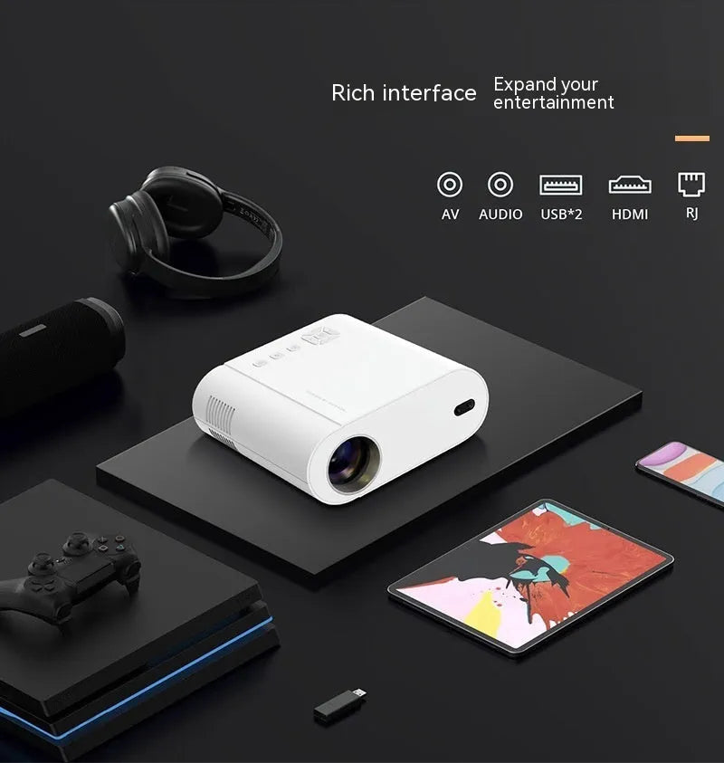 White Full HD smart projector with remote control showing 1080p resolution and 320 ANSI lumens brightness