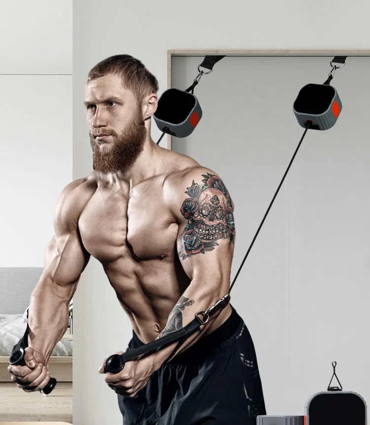 Orange and gray adjustable chest expander and rowing machine fitness equipment for home workouts.