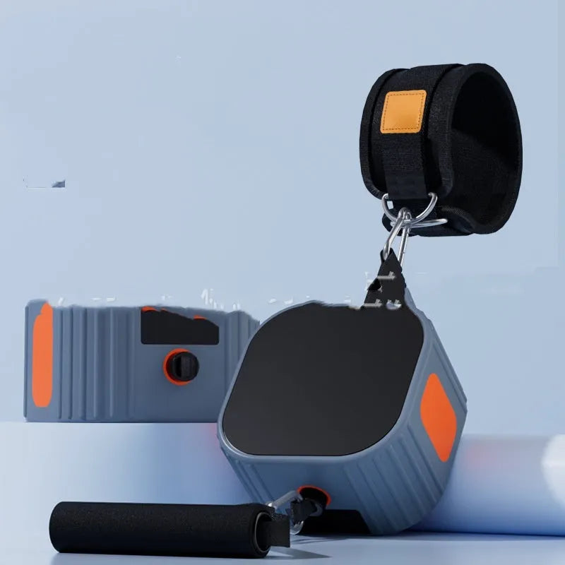 Orange and gray adjustable chest expander and rowing machine fitness equipment for home workouts.