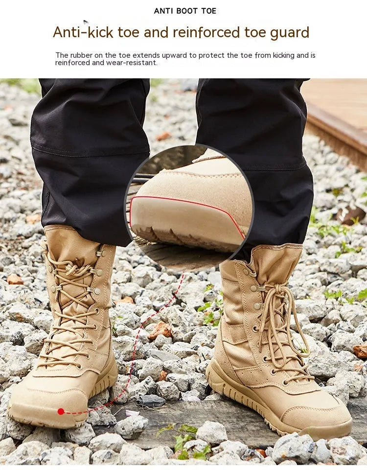 Yulong tactical desert combat boots in black and sand colour on a white background.