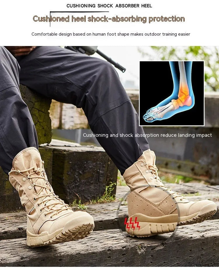 Yulong tactical desert combat boots in black and sand colour on a white background.