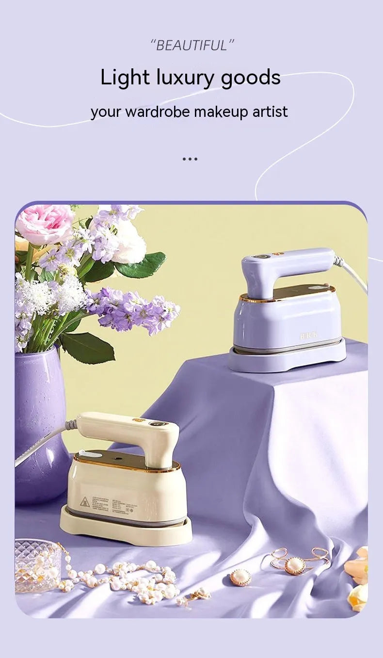 Portable foldable steam iron in light purple colour with ceramic base plate and international voltage compatibility