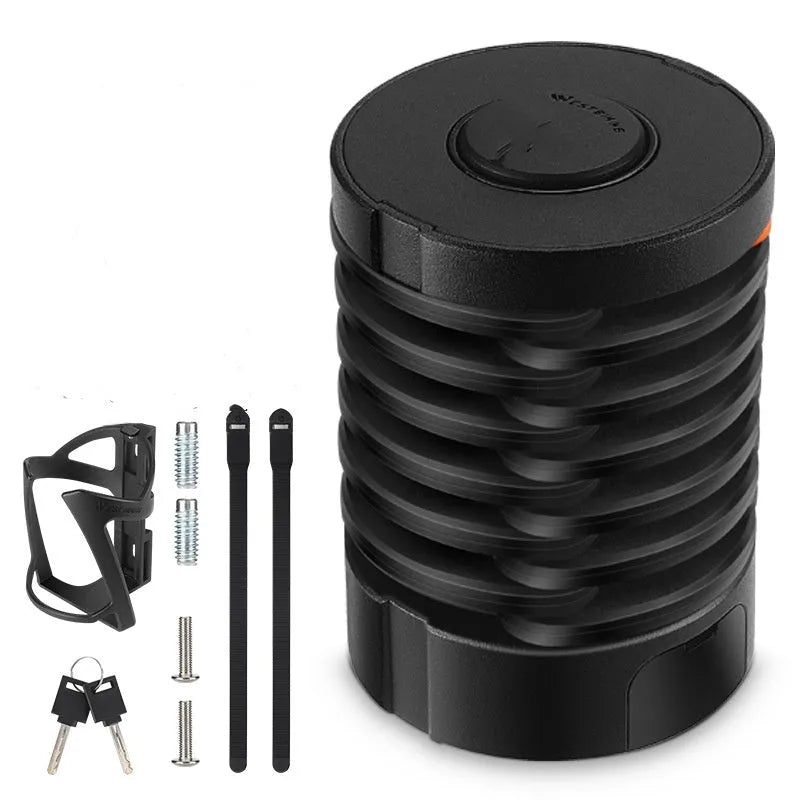 Portable black and orange bicycle folding lock in a compact, folded position.
