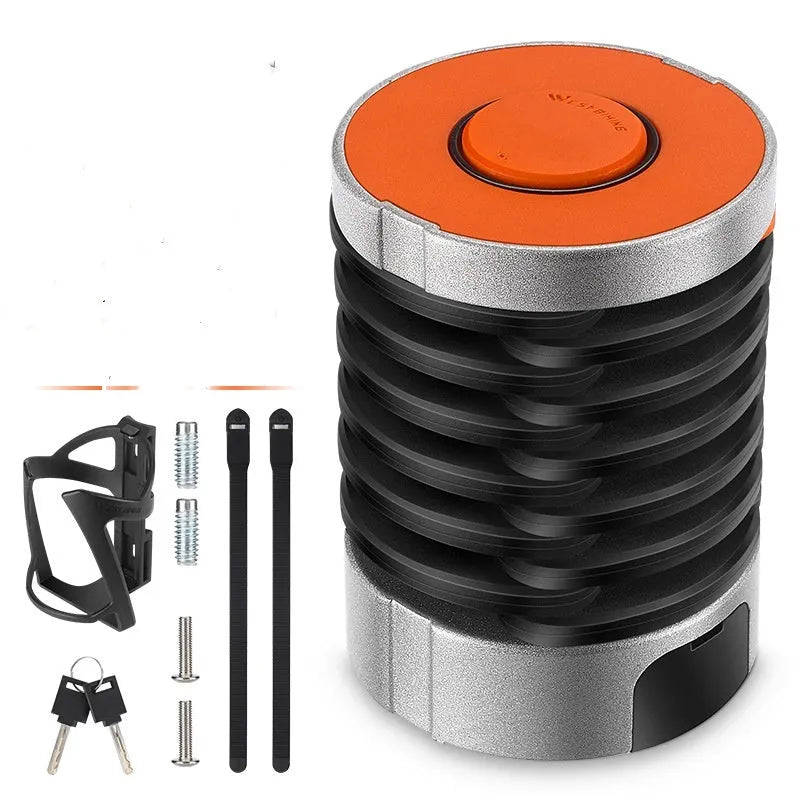Portable black and orange bicycle folding lock in a compact, folded position.