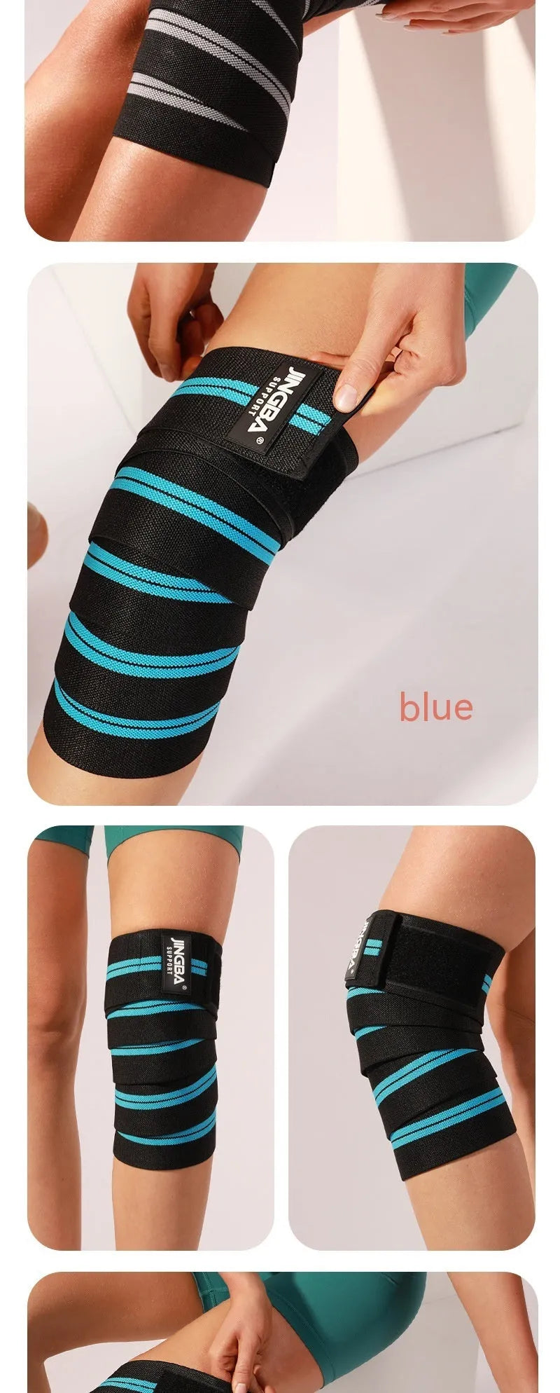 Adjustable sports knee pad for weightlifting and cycling, shown in blue colour.