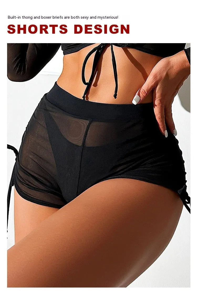 Black mesh women's bikini set with long sleeves, a four-piece swimsuit for swimming sports.