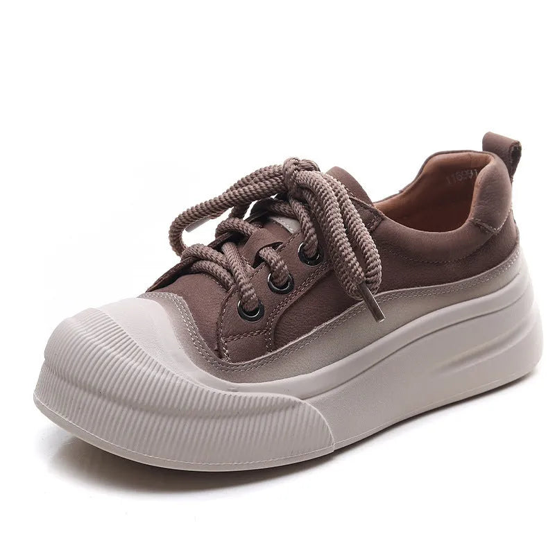Women's full grain cow leather lace-up casual shoes with round toe in yellow and brown colours