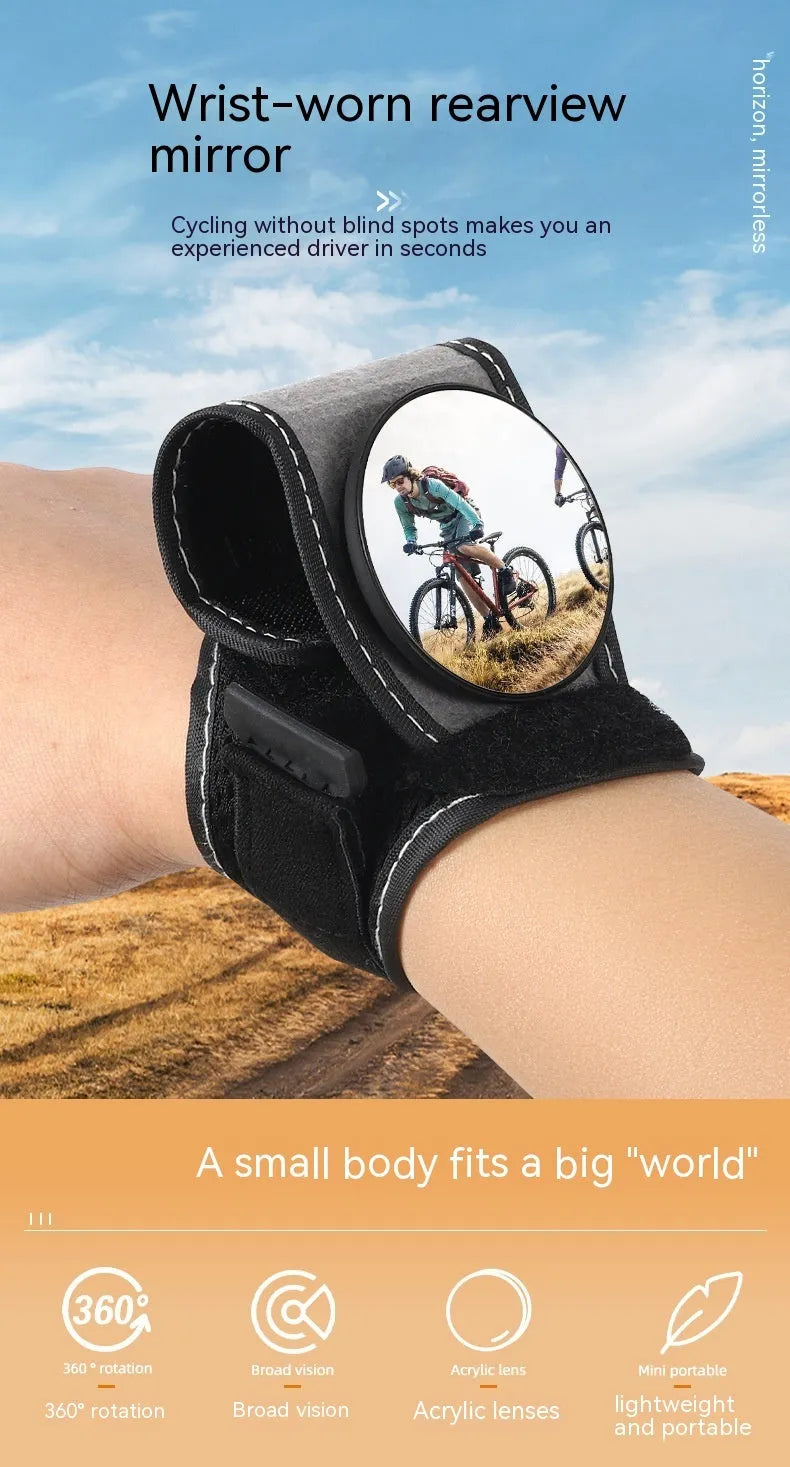 Black bicycle rear-view mirror mounted on an adjustable nylon wrist strap for cycling.