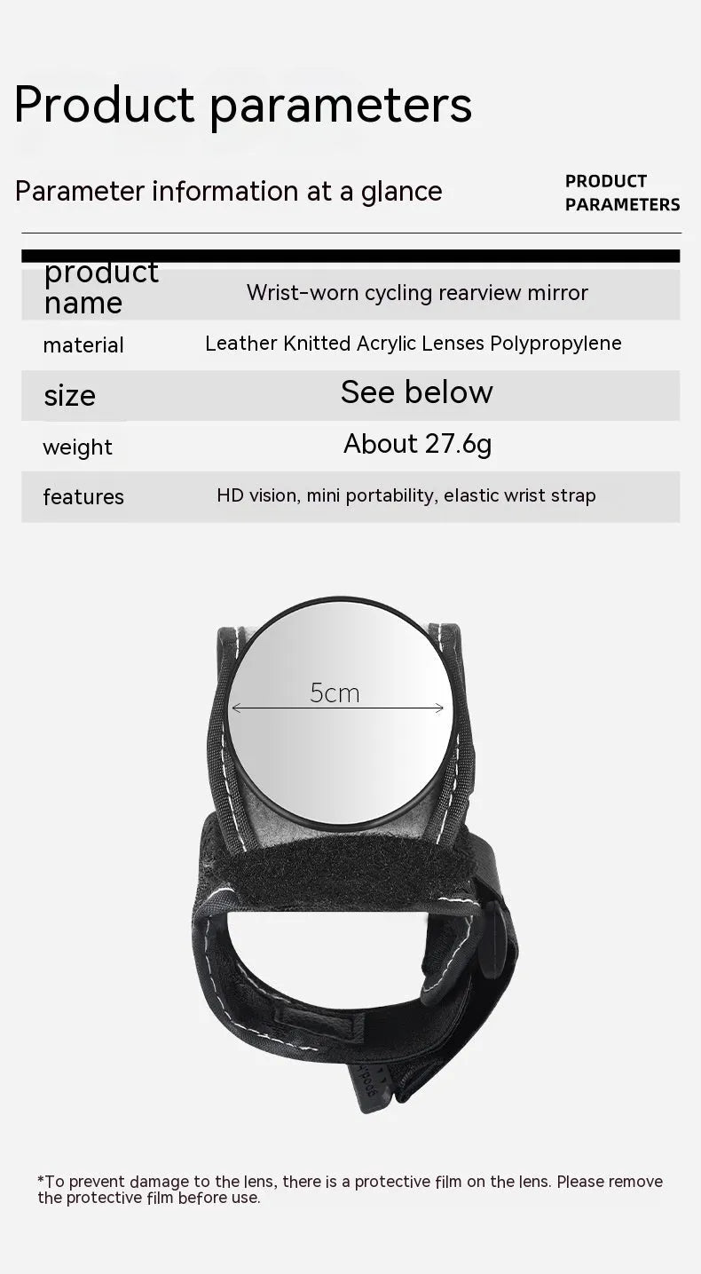 Black bicycle rear-view mirror mounted on an adjustable nylon wrist strap for cycling.