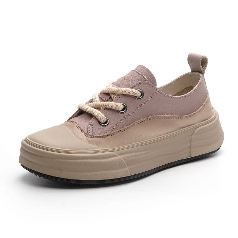 Women's solid colour leather platform sneakers in matcha, purple, or orange with front lace-up.