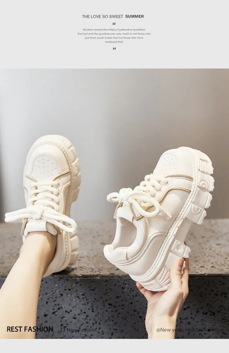 Spring muffin bottom leather casual shoes in beige or pink with height increasing design and rubber foam soles