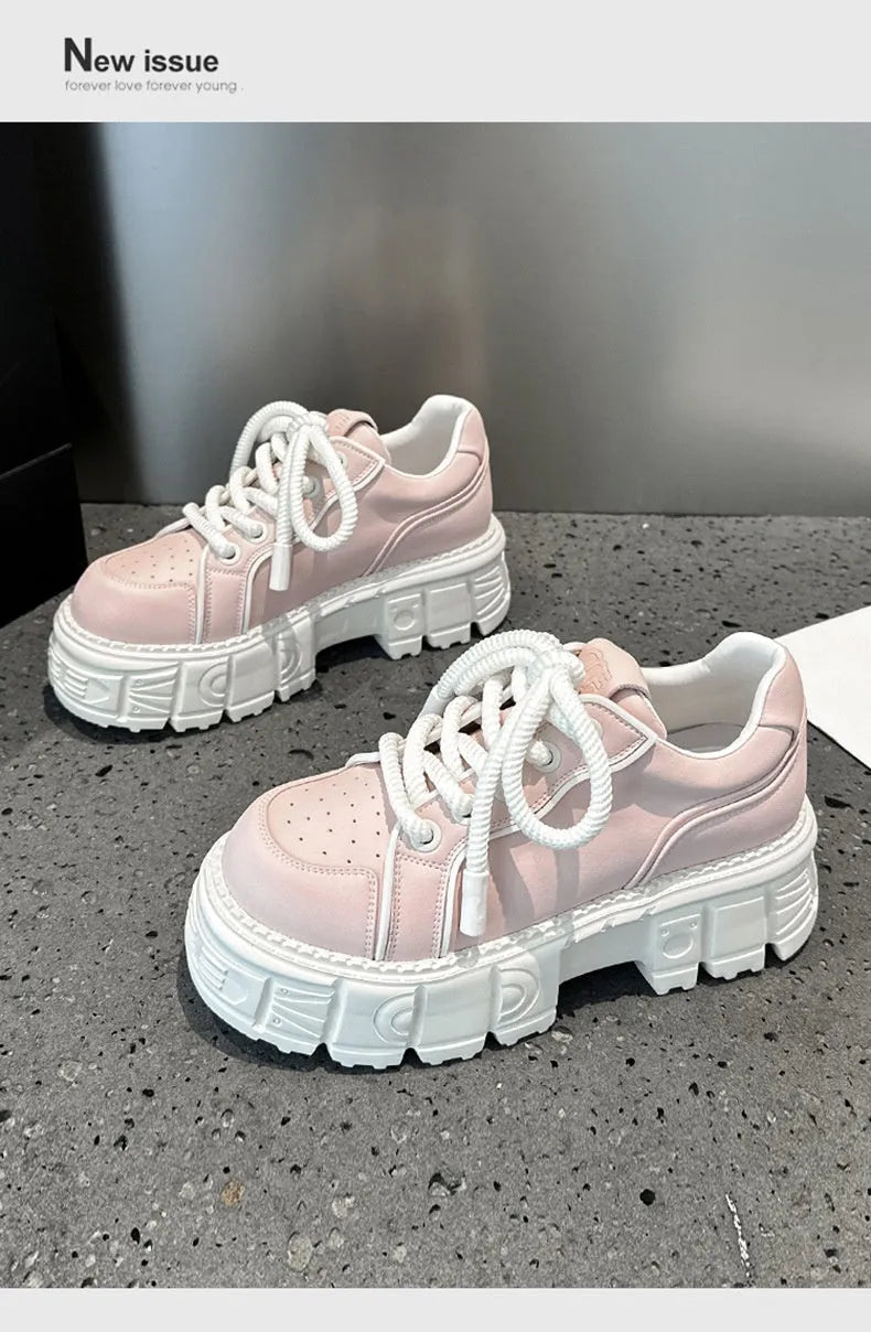 Spring muffin bottom leather casual shoes in beige or pink with height increasing design and rubber foam soles