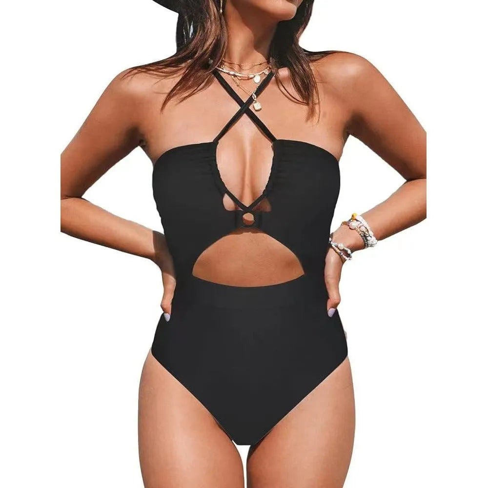 Women's backless cross design one-piece swimsuit in polyester spandex fabric