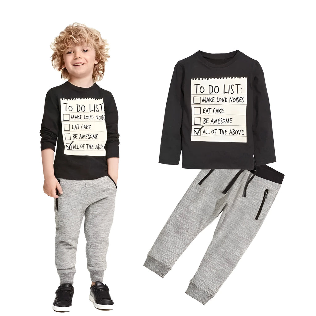 Boys casual cotton two-piece clothing set with long sleeve letter print t-shirt and pants.