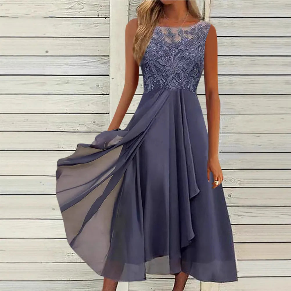 Women's sleeveless chiffon dress with lace stitching in green, purple or blue