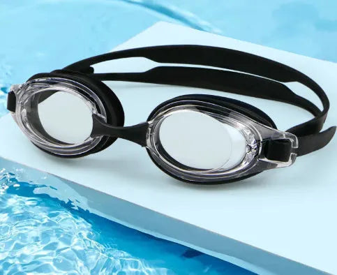 Black myopia corrective swimming goggles with HD waterproof lenses and a storage case.
