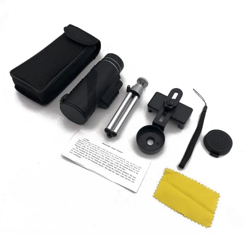 Black monocular telescope with 60mm lens for smartphones showing 40x magnification and waterproof design