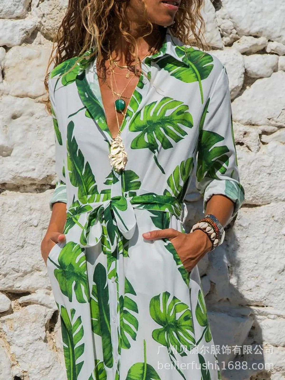 Women's chiffon V-neck dress with A-line skirt and printing pattern design in multiple colour options