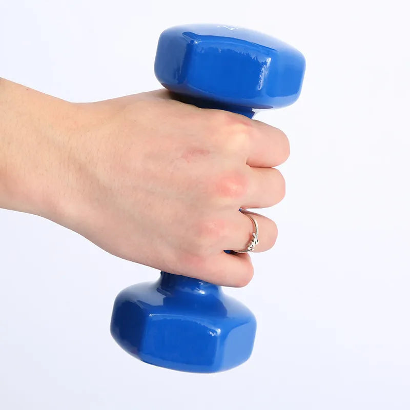 Bright colour plastic fitness dumbbells with gloss finish in 0.5KG, 1KG and 1.5KG weight options