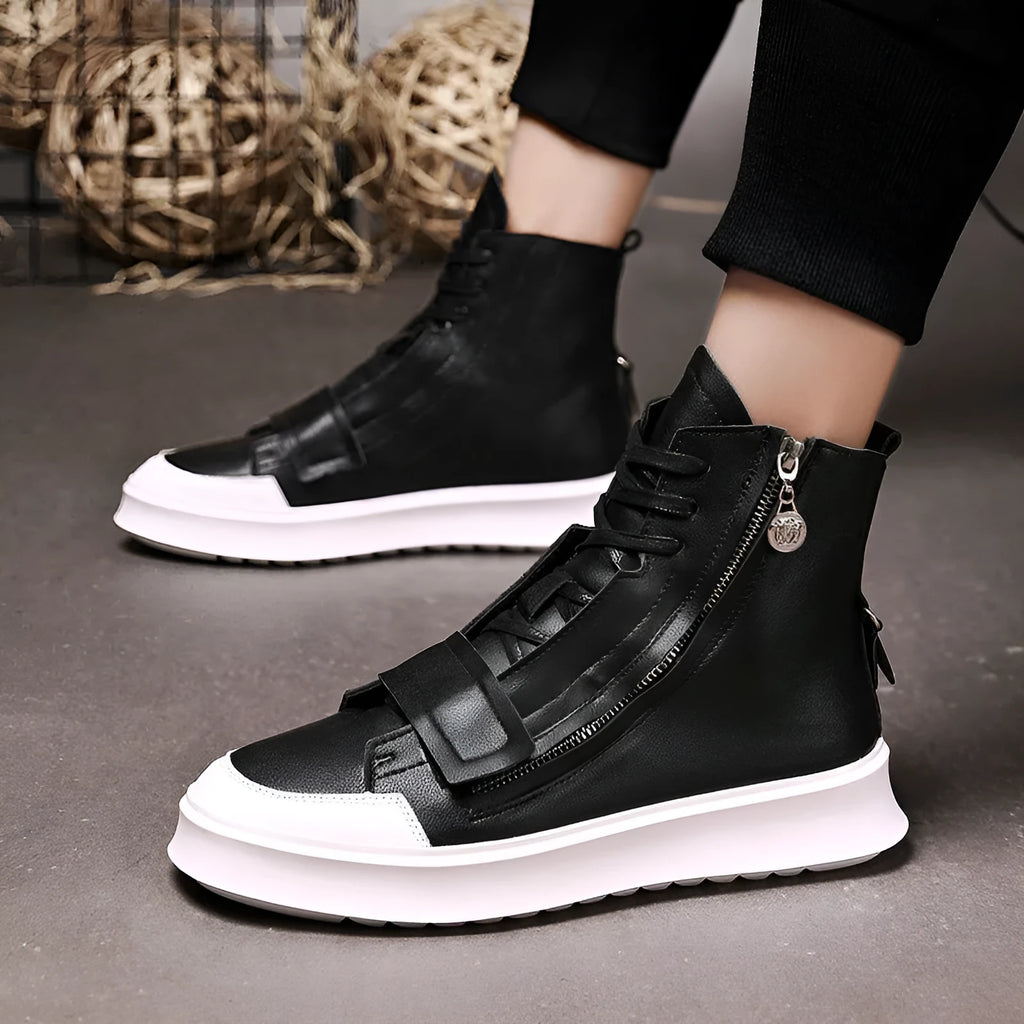 Men's black PU leather ankle boots in high-top sneaker style for winter wear