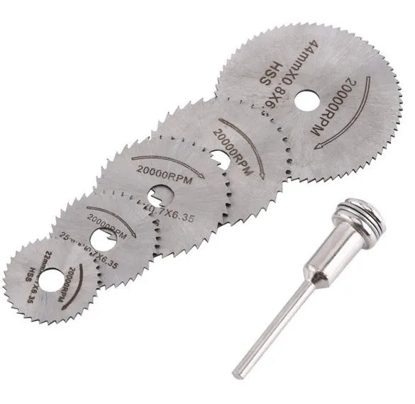 Set of six high-speed steel circular saw blades with mandrel for woodworking, showing diameter range from 10mm to 25mm