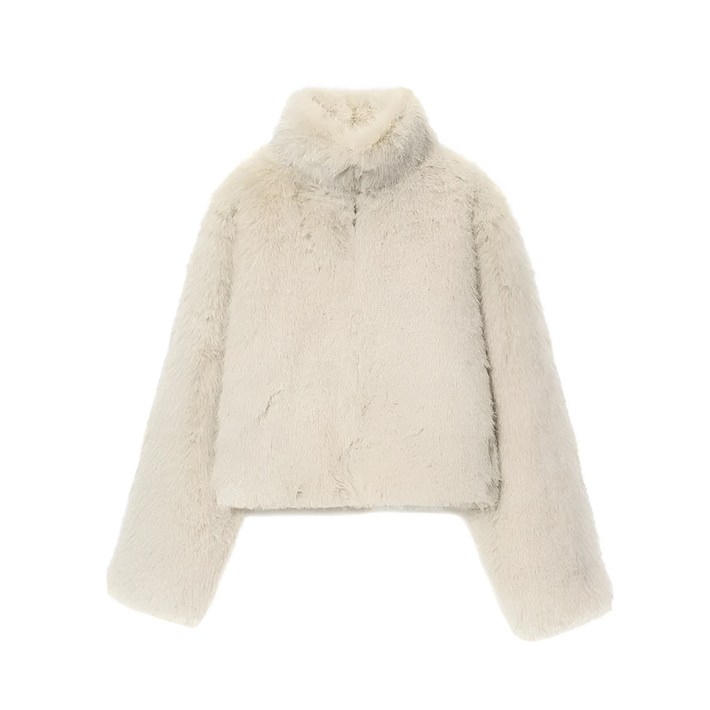 Artificial fur short coat jacket in apricot with faux fur collar, long sleeves, women's socialite style