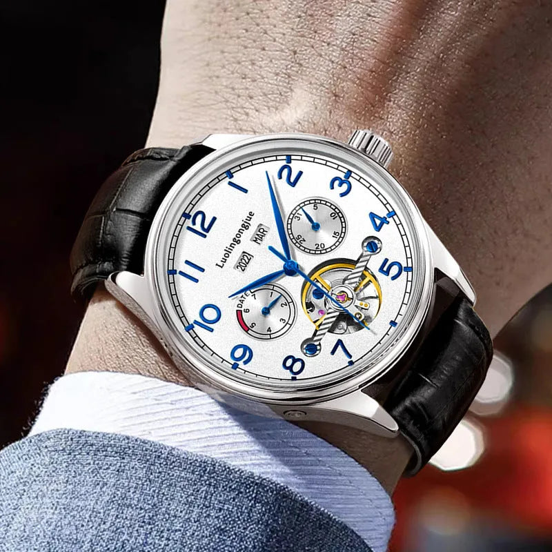 Men's stainless steel mechanical business watch with sapphire crystal glass and transparent case back