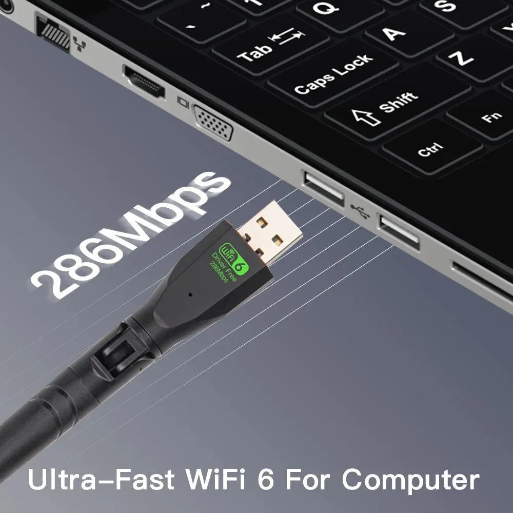 Black USB WiFi 6 wireless network card adapter for desktop PC and laptop connectivity.