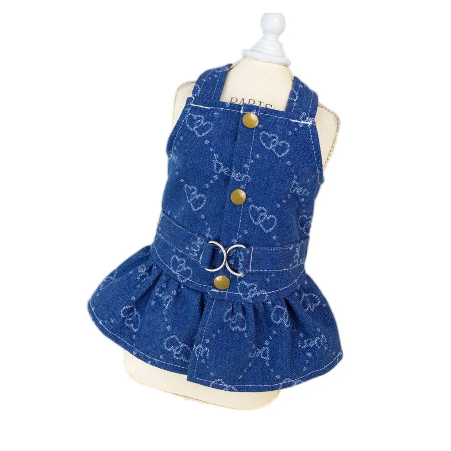 Small dog wearing denim princess dress with bracket skirt design for spring and autumn weather