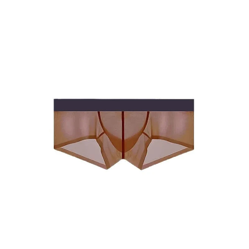 Men's seamless ice silk underwear in chocolate colour showing low waist design and ultra-thin fabric texture