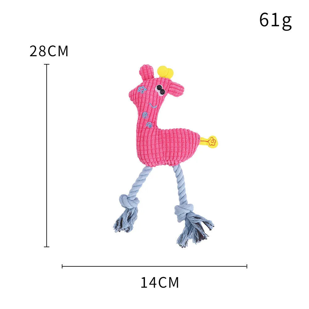 Blue deer shaped plush dog toy with corn grain texture, shown with a dog.