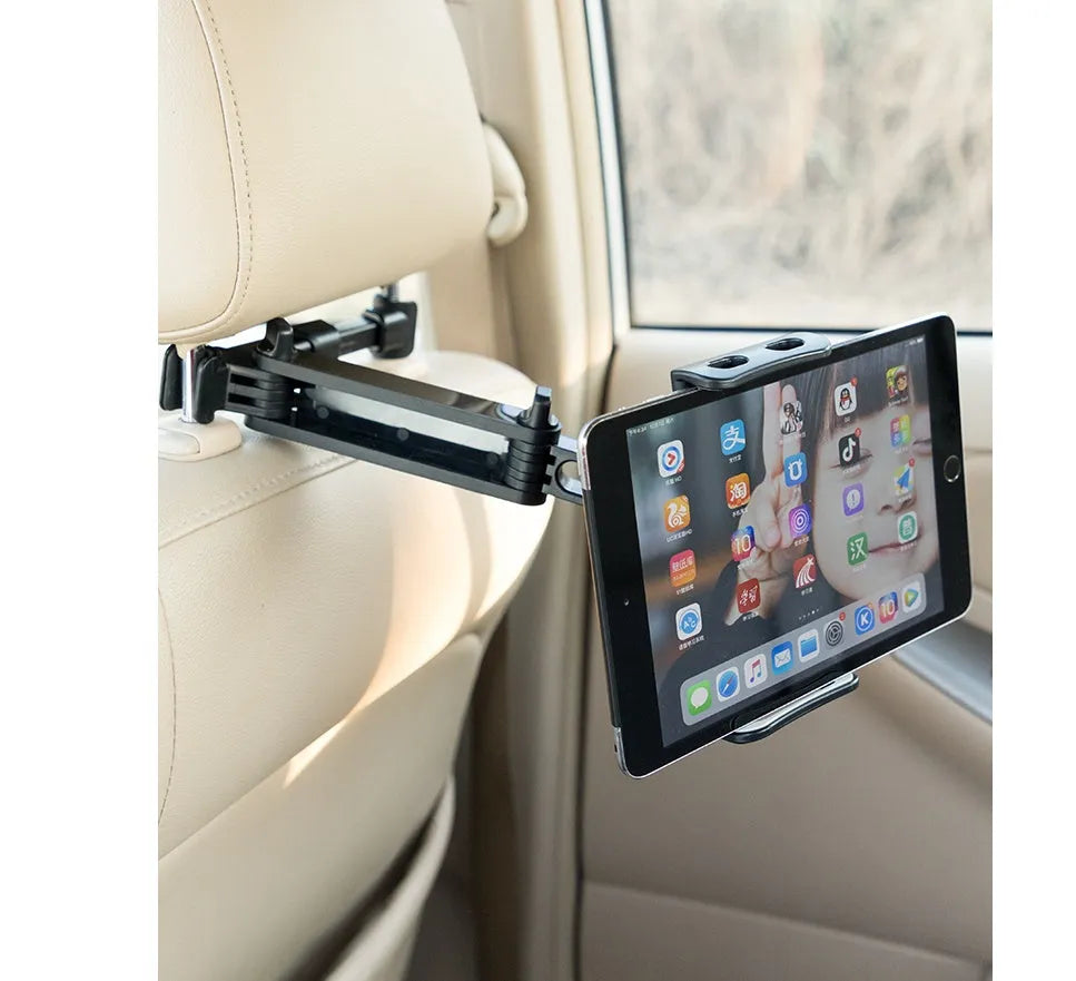 Black universal car phone and tablet holder with adjustable arm mounted on a rear seat base.
