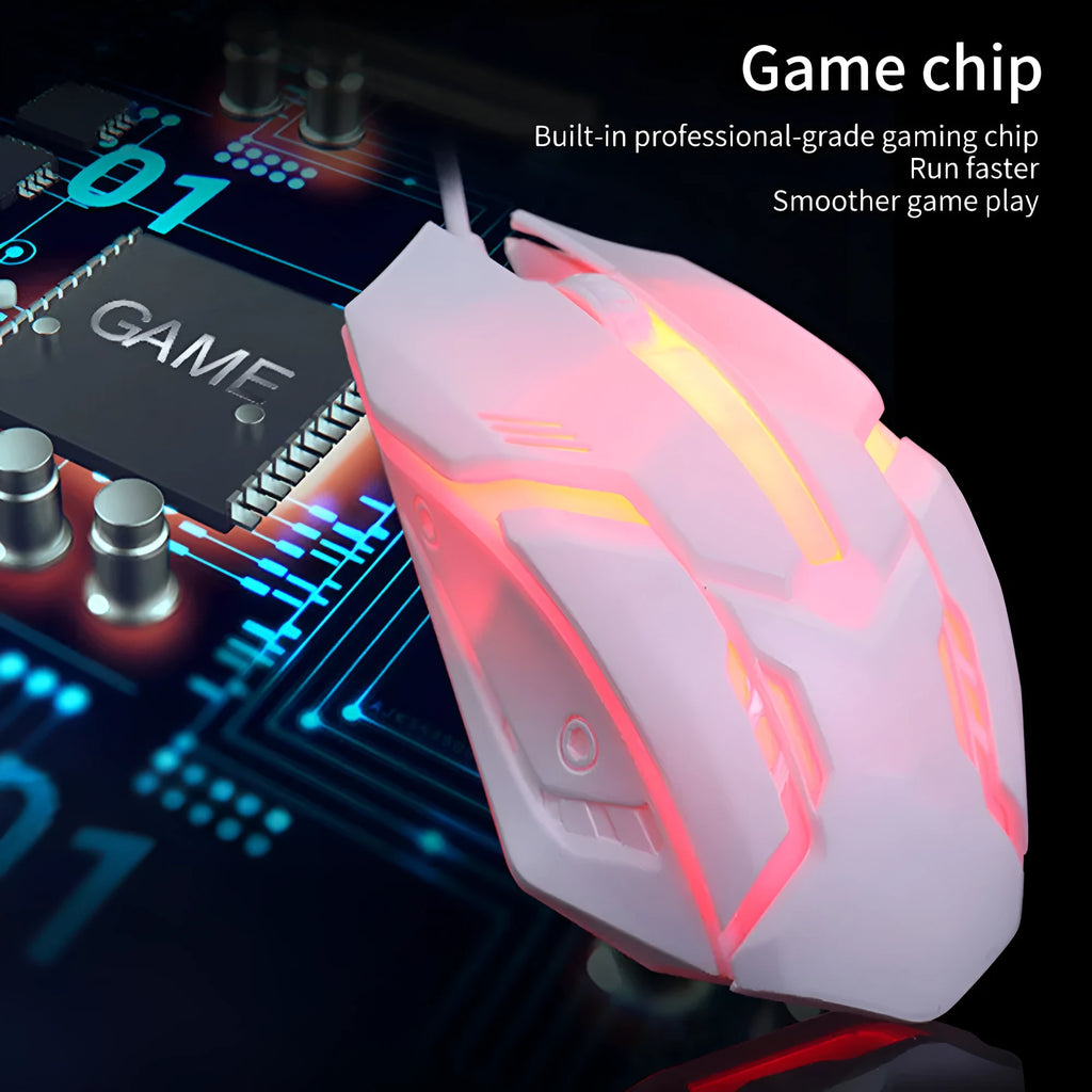 Wired USB mouse with luminous effect in black or white colours, showing 1600 DPI resolution and 1.3m cable