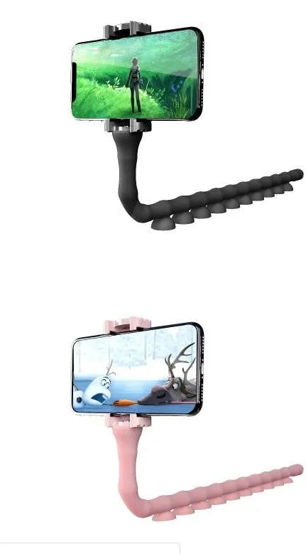 Black flexible rubber phone holder with long 62cm arm and suction cup, holding a mobile phone at an angle.