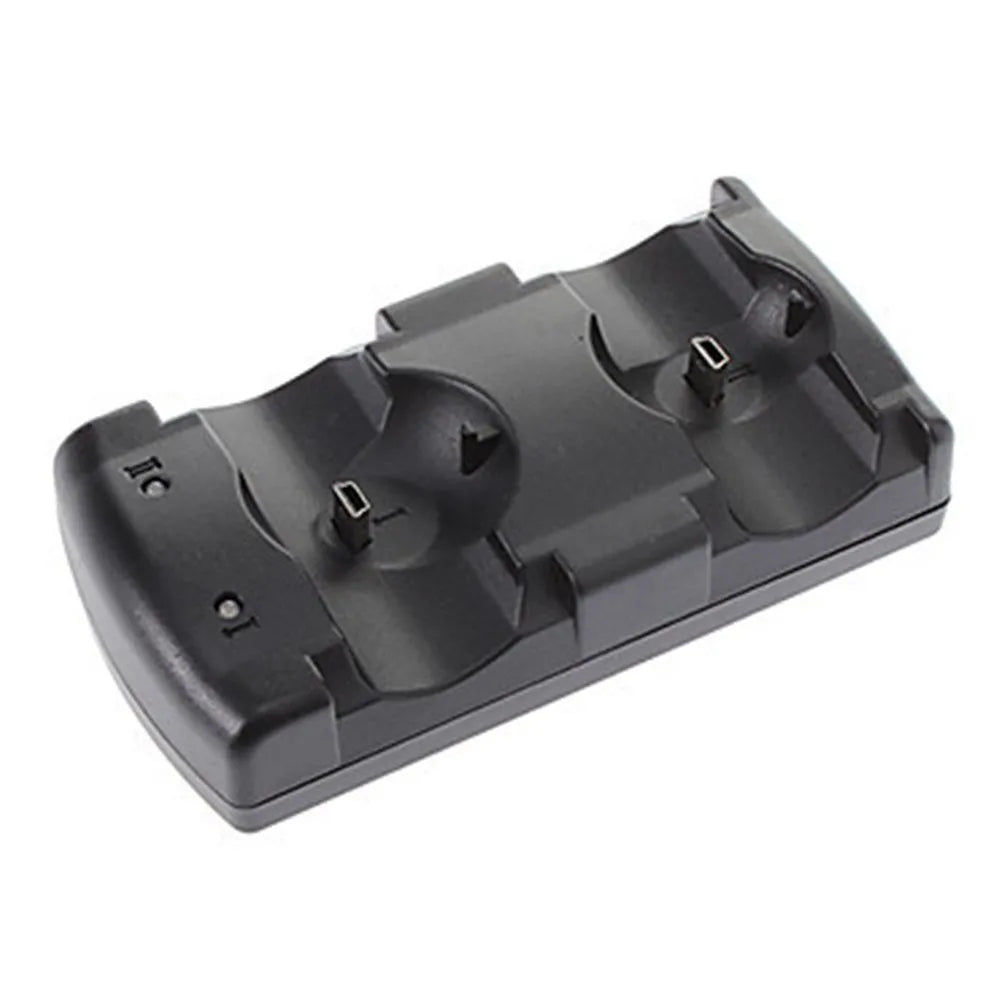 Black PS3 dual controller charging dock with two wireless controllers placed on it.