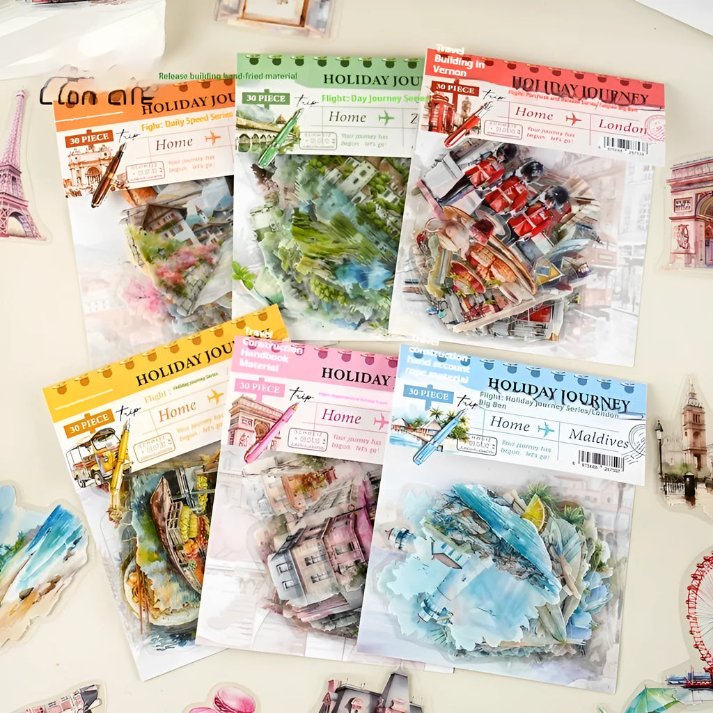 Architecture journal stickers with retro style world landmark designs including Paris Arc de Triomphe and London Big Ben