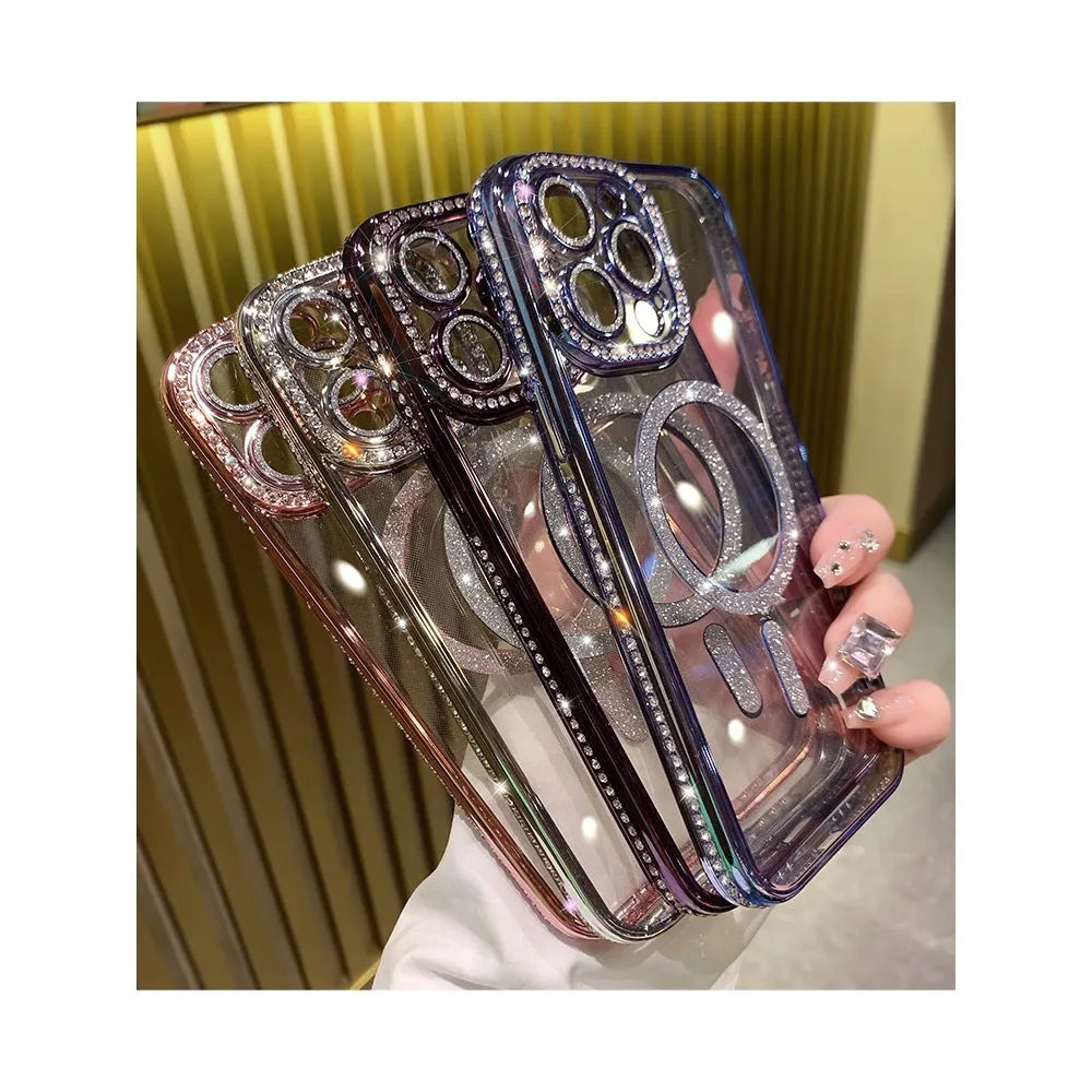 Wireless magnetic iPhone case in deep purple, showing soft silicone edges and electroplated back.