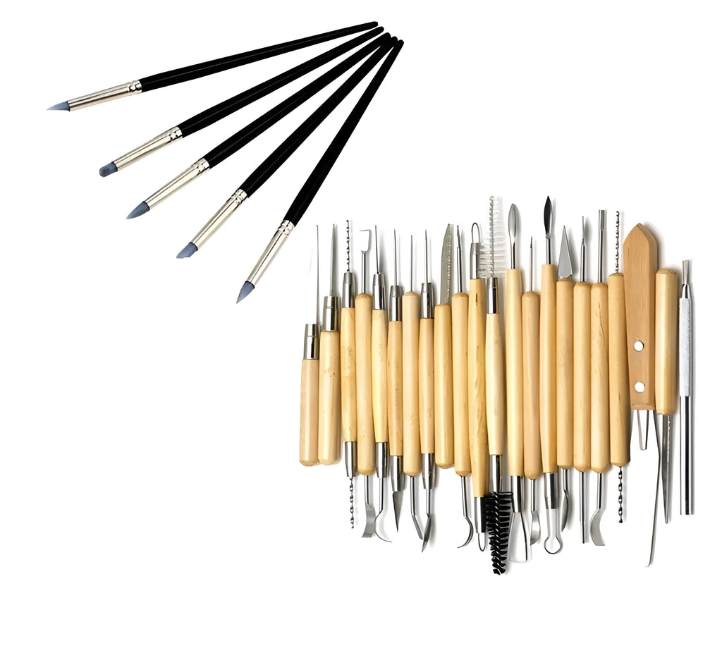 27-piece pottery clay sculpting tool set with stainless steel, wood, and plastic implements in roll-up storage bag