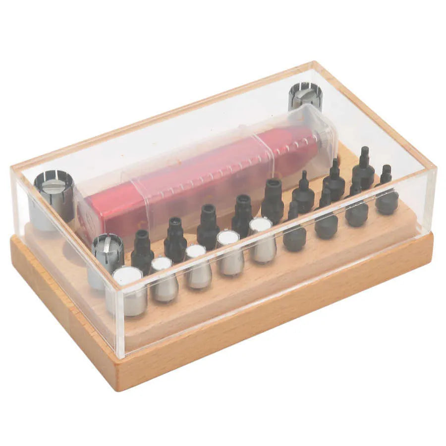Steel watch repair tool kit with extracting tubes and barrel-opening tools measuring 128x79x43mm