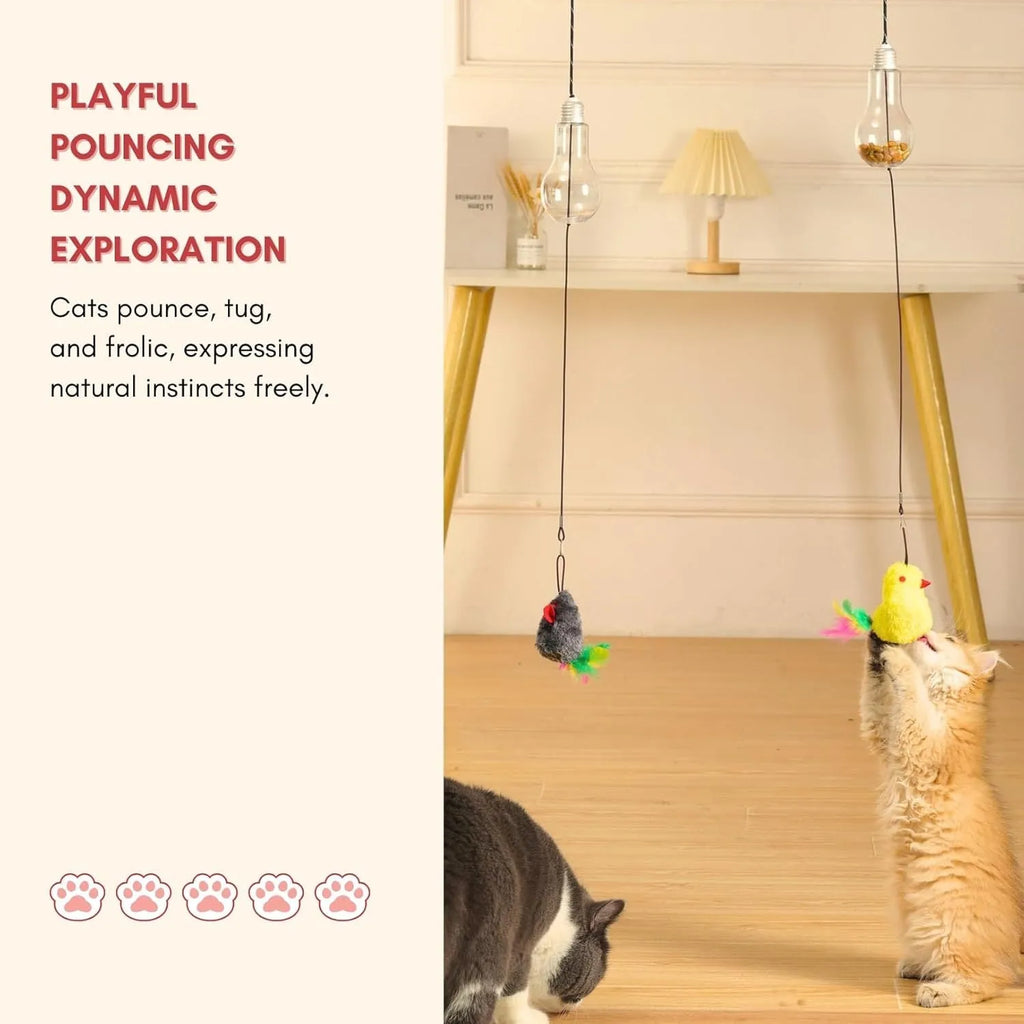 Grey and yellow hanging interactive cat toy mounted on door frame with elastic rope and treat bulb