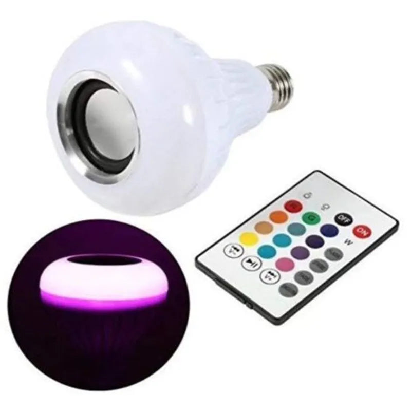 White Bluetooth speaker LED light bulb with E27 screw base and remote control.
